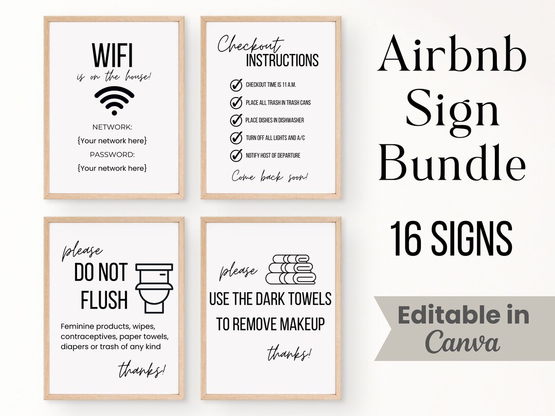 Airbnb Sign Bundle, Editable Airbnb Signage Template, Wifi Password ...
