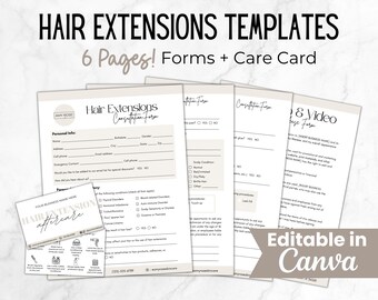 May include: A set of six printable hair extensions templates for use with Canva. The templates include a consultation form, a care card, and a photo and video release form. The templates are designed in a minimalist style with a beige background and black text.