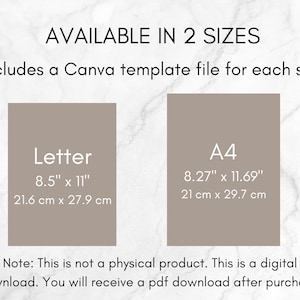 K&ouml;nnte beinhalten: Ein digitaler Download einer Canva-Vorlage f&uuml;r ein druckbares Schild mit der Aufschrift "AVAILABLE IN 2 SIZES" und den Ma&szlig;en f&uuml;r das Format Letter (8,5 Zoll x 11 Zoll) und A4 (8,27 Zoll x 11,69 Zoll).