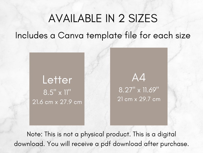 K&ouml;nnte beinhalten: Ein digitaler Download einer Canva-Vorlage f&uuml;r ein druckbares Schild mit der Aufschrift "AVAILABLE IN 2 SIZES" und den Ma&szlig;en f&uuml;r das Format Letter (8,5 Zoll x 11 Zoll) und A4 (8,27 Zoll x 11,69 Zoll).