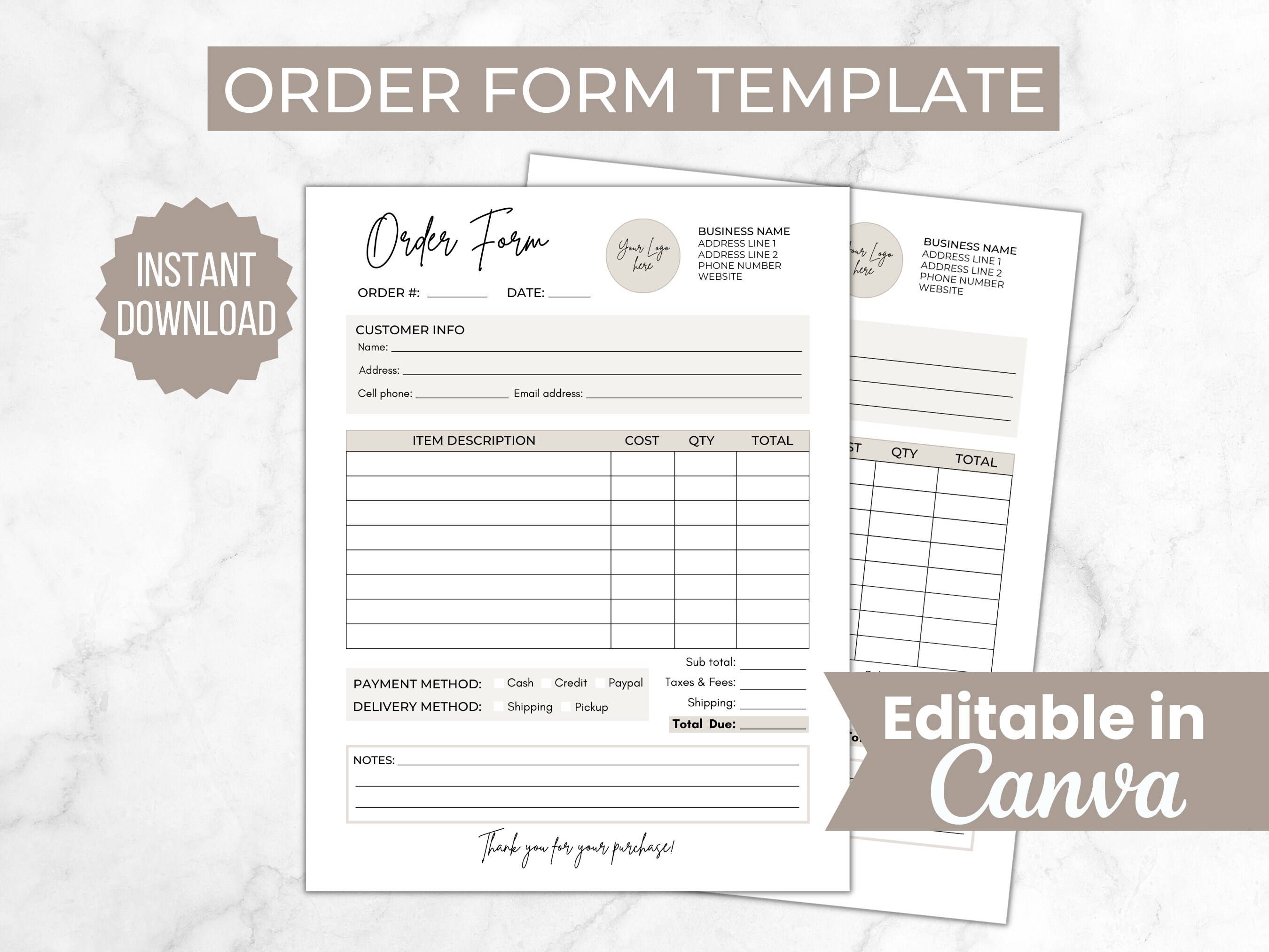 Editable Order Form Template Printable Small Business Order - Etsy Ireland