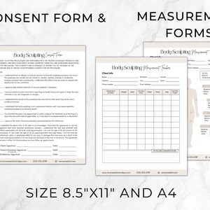 K&ouml;nnte beinhalten: Zwei druckbare Formulare f&uuml;r Body Sculpting, eines f&uuml;r die Einwilligung und eines f&uuml;r die Messungen. Das Einwilligungsformular enth&auml;lt eine Checkliste mit Informationen und eine Unterschriftszeile. Das Messformular enth&auml;lt ein Raster zur Verfolgung von Messungen und ein Diagramm des K&ouml;rpers mit Messpunkten.