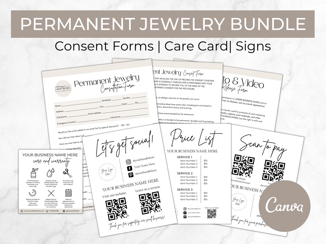Permanent Jewelry Business Forms Bundle, Permanent Jewelry Consent and 
