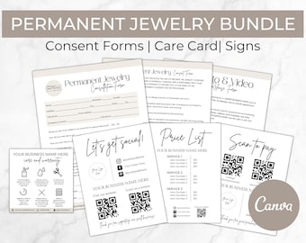 Può includere: Un set di moduli e cartelli stampabili per un'attività di gioielli permanenti. I moduli includono un modulo di consultazione, un modulo di consenso, un listino prezzi, una scheda di cura e un cartello di scansione per pagare. I moduli sono in bianco e nero con un design minimalista moderno.