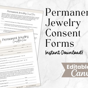 Könnte beinhalten: Bearbeitbare, druckbare Einverständniserklärungen für Permanent-Schmuck, mit dem Text "Permanent-Schmuck-Einverständniserklärungen Sofort-Download! In Canva bearbeitbar" auf einem Marmor-Hintergrund.