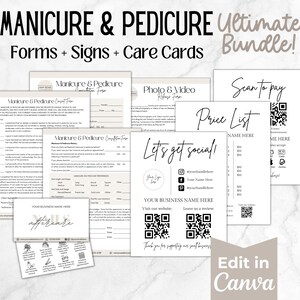 May include: A set of printable forms, signs, and care cards for a manicure and pedicure business. The forms include a client intake form, a completion form, and a photo and video release form. The signs include a price list, a "Let's get social!" sign with social media icons, and a "Scan to pay" sign with a QR code. The care cards feature a variety of nail care tips.
