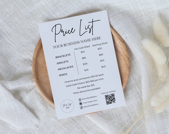 Lista de precios de joyería permanente editable, plantilla de letrero de lista de precios imprimible, negocio de joyería permanente, formularios y folletos de joyería permanente