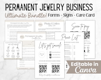 Può includere: Un set di moduli e cartelli stampabili per un'attività di gioielli permanenti. I moduli includono un modulo di consultazione, una carta di cura e garanzia, un modulo di rilascio foto e video, un listino prezzi e un cartello di scansione per pagare. I cartelli includono un cartello "Let's get social!" con icone di social media e codici QR per il sito web e le recensioni dell'attività. Il testo "Editable in Canva" è nella parte inferiore dell'immagine.
