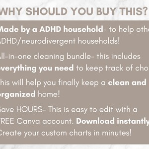 Pu&ograve; includere: Sfondo beige con testo bianco. Il testo recita "PERCH&Eacute; DOVRESTI COMPRARE QUESTO?" seguito da punti elenco. I punti elenco affermano che il prodotto &egrave; realizzato da una famiglia con ADHD, include tutto il necessario per tenere traccia delle faccende e aiuta a mantenere una casa pulita e organizzata.