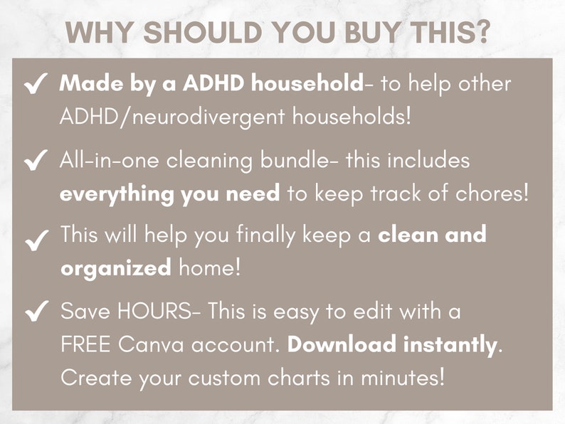 Pu&ograve; includere: Sfondo beige con testo bianco. Il testo recita "PERCH&Eacute; DOVRESTI COMPRARE QUESTO?" seguito da punti elenco. I punti elenco affermano che il prodotto &egrave; realizzato da una famiglia con ADHD, include tutto il necessario per tenere traccia delle faccende e aiuta a mantenere una casa pulita e organizzata.