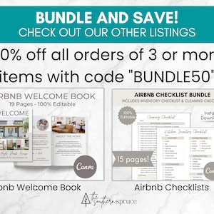 May include: A digital download bundle for Airbnb hosts includes a welcome book with 19 pages and a checklist bundle with 15 pages. The welcome book features a house illustration and the text "Welcome to Hyde Park House". The checklist bundle includes a cleaning checklist and an inventory checklist. The text "100% Editable" and "Instant Download" are visible on the image. The text "50% off all orders of 3 or more items with code "BUNDLE50" is visible at the top of the image.