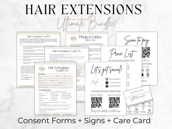 Hair Extension Consent Forms Bundle, Hair Salon Forms, Hair Extension Business, Hair Extension Waiver and Client Intake Form, Editable Canva