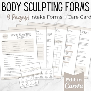 Formulários editáveis de tratamento de contorno corporal, formulários de admissão e isenção de escultura corporal, pacote de modelos de negócios Med Spa, cartão de pré e pós-cuidado