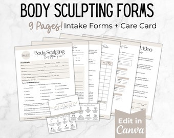 May include: Nine-page printable set of body sculpting forms in a light brown and white color scheme. The forms include intake forms and a care card. The text "Body Sculpting Forms" and "9 Pages! Intake Forms + Care Card" is displayed at the top of the image. The text "Edit in Canva" is displayed at the bottom of the image.