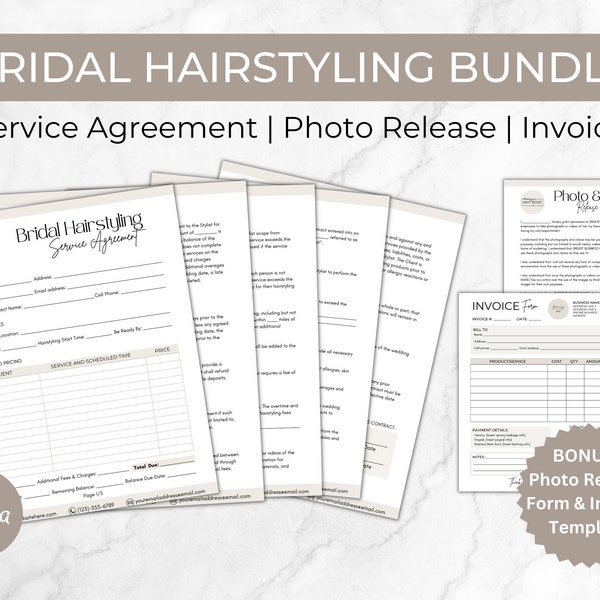 Bridal Hair Contract Bundle, Editable Wedding Contract Forms Template, Bridal Party Hairstylist, Bridal Beauty Services Agreement, Canva