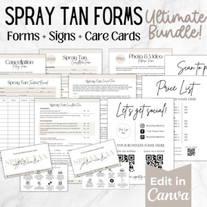 Ensemble de modèles d’entreprise de bronzage par pulvérisation, formulaires de consentement au bronzage par pulvérisation, formulaires d’admission des clients, modèles Canva modifiables, cartes de soins après bronzage