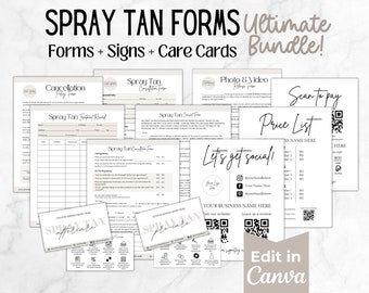 Spray Tanning Business Templates Bundle, Spray Tan Consent Forms, Client Intake Forms, Editable Canva Templates, Tanning After Care Cards