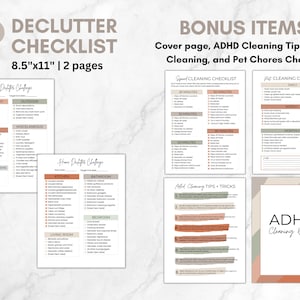 May include: A printable decluttering checklist and cleaning binder with a peach and green color scheme. The checklist includes sections for different areas of the home, such as the kitchen, bathroom, and living room. The binder also includes ADHD cleaning tips and a speed cleaning checklist.
