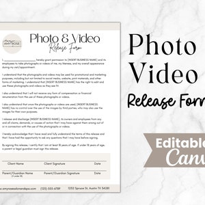 May include: A Photo & Video Release Form template, with the text "Editable in Canva". The document includes sections for client and parent/guardian signatures, and contact information for Amy Rose Salon & Spa.