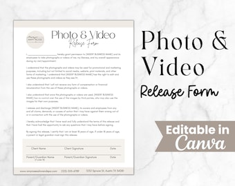 May include: A Photo & Video Release Form template with the text "Editable in Canva". The document includes sections for client and parent/guardian signatures, and contact information for Amy Rose Salon & Spa.