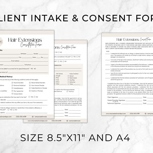 May include: A two-page client intake and consent form for hair extensions. The form includes personal information, medical history, and a consent section for the hair extension procedure. The form is printed on white paper with a light brown background.