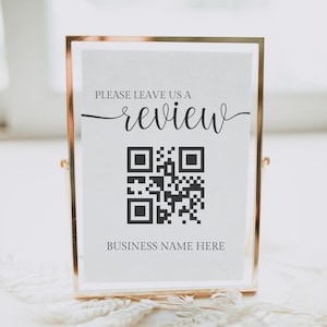 Revise el letrero de código QR, déjenos una reseña, plantilla de letrero para pequeñas empresas, letrero de salón, letrero de redes sociales, plantilla imprimible de código QR personalizado