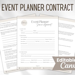 Może przedstawiać: Czarno-biały, drukowalny szablon umowy dla organizatora imprez z tekstem "Event Planner Contract" w brązowej czcionce. Szablon jest edytowalny w Canva i zawiera sekcje dotyczące informacji o kliencie, szczegółów wydarzenia, szczegółów płatności oraz prawnej i wiążącej umowy.
