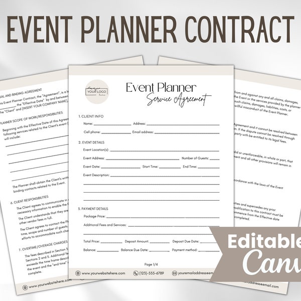 Editable Event Planner Contract Template, Event Planner Client Intake Form, Event Planning Service Agreement, Wedding Planner Contract