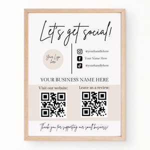 Social Media Sign Template, Lets Get Social, QR Code Sign, Editable Small Business Sign Printable, Instagram Facebook Follow Us Sign