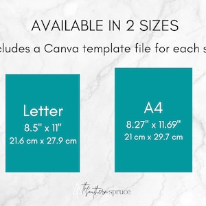 May include: Two teal blue boxes with white text outlining the sizes available for a printable template. The left box says "Letter 8.5" x 11" 21.6 cm x 27.9 cm". The right box says "A4 8.27" x 11.69" 21 cm x 29.7 cm".