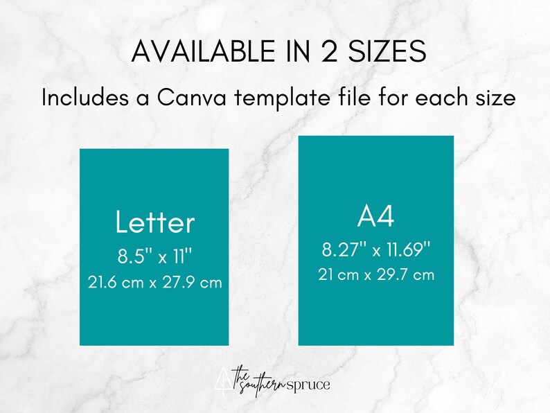 May include: Two teal blue boxes with white text outlining the sizes available for a printable template. The left box says "Letter 8.5" x 11" 21.6 cm x 27.9 cm". The right box says "A4 8.27" x 11.69" 21 cm x 29.7 cm".