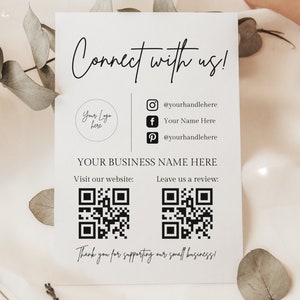 Connect with us Social Media Sign, Editable QR Code Sign, Small Business Sign Printable, Follow Us on Instagram Sign, Leave a Review Sign