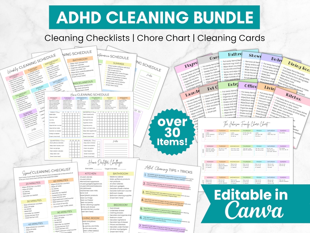 ADHD Cleaning Checklist Bundle, Editable Home Cleaning Schedule, Adhd