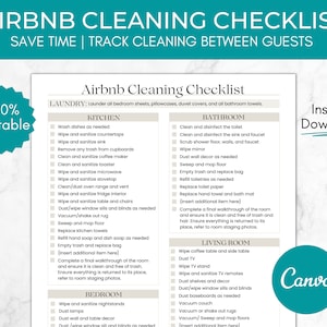 May include: A printable checklist for cleaning an Airbnb rental property. The checklist is divided into sections for laundry, kitchen, bathroom, bedroom, and living room. Each section includes a list of tasks to complete, such as washing dishes, cleaning the toilet, and dusting furniture.