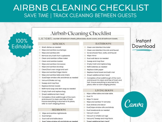 Airbnb Cleaning Checklist, Editable Airbnb Printable Cleaning Template, VRBO Vacation Rental Housekeeping Checklist, Airbnb Clean List