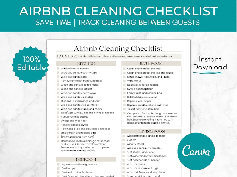 May include: A printable checklist for cleaning an Airbnb rental property. The checklist is divided into sections for laundry, kitchen, bathroom, bedroom, and living room. Each section includes a list of tasks to complete, such as washing dishes, cleaning the toilet, and dusting furniture.
