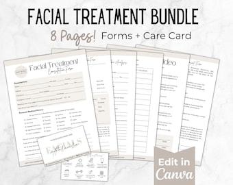 May include: A set of eight printable forms for facial treatments. The forms include a consultation form, a skin analysis form, a treatment plan form, a care card, and a consent form. The forms are designed in a minimalist style with a beige background and black text. The text "Facial Treatment Bundle" is at the top of the image. The text "8 Pages! Forms + Care Card" is below the title. The text "Edit in Canva" is at the bottom of the image.