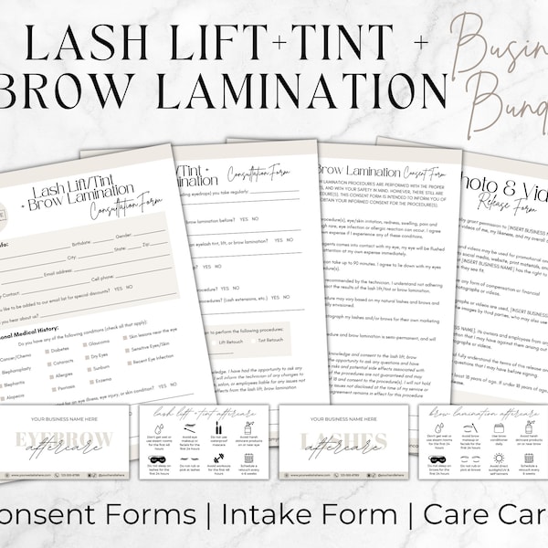 Editable Lash Lift and Brow Lamination Templates, Printable Esthetician Forms, Lash Intake and Consent Form, Beauty Salon Canva Templates