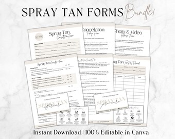 May include: A bundle of printable spray tan forms for businesses. The forms include a consultation form, cancellation policy form, photo and video release form, and a spray tan treatment record. The forms are editable in Canva and are available for instant download.