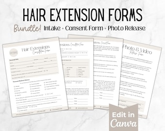 May include: A set of three printable forms for hair extensions. The forms include a consultation form, a consent form, and a photo and video release form. The forms are designed in a minimalist style with a beige background and black text.