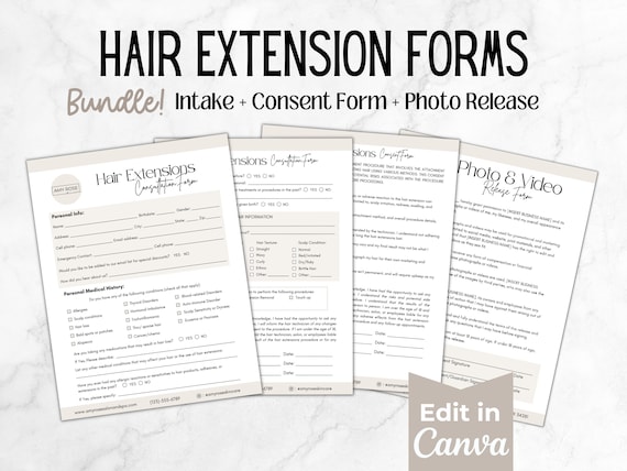 Hair Extension Consent Forms Template, Hair Extension Waiver and Client Intake Form, Esthetician Forms, Salon Forms, Hairstylist Forms Canva