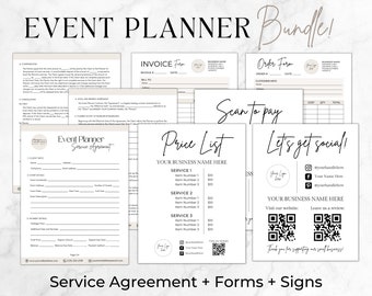 May include: A printable event planner bundle with forms and signs. The bundle includes a service agreement, invoice, order form, price list, and social media sign. The forms are designed in a minimalist style with a neutral color palette.