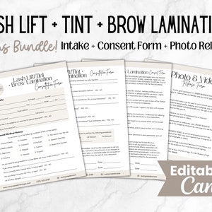 May include: A set of printable forms for lash lift, tint, and brow lamination services. The forms include a consultation form, consent form, and photo release form. The forms are editable in Canva and are designed to be used by beauty professionals.