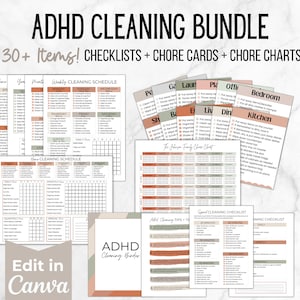 Editable ADHD Cleaning Checklist Bundle, ADHD Cleaning Planner, ADHD Chore Chart, Deep Cleaning Cards, Cleaning Schedule, Family Chore Chart
