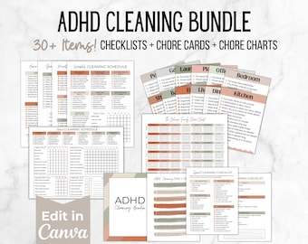 Editable ADHD Cleaning Checklist Bundle, ADHD Cleaning Planner, ADHD Chore Chart, Deep Cleaning Cards, Cleaning Schedule, Family Chore Chart