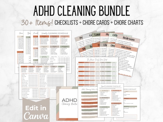 Editable ADHD Cleaning Checklist Bundle, ADHD Cleaning Planner, ADHD Chore Chart, Deep Cleaning Cards, Cleaning Schedule, Family Chore Chart