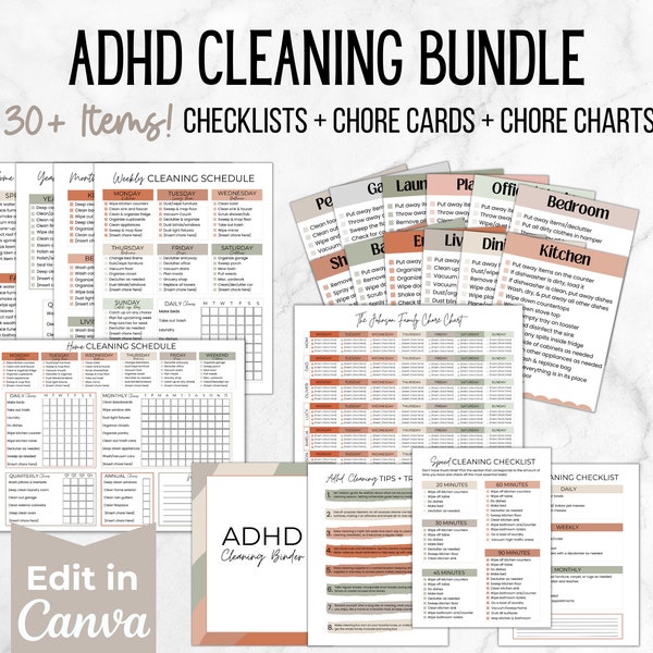 Editable ADHD Cleaning Checklist Bundle, ADHD Cleaning Planner, ADHD Chore Chart, Deep Cleaning Cards, Cleaning Schedule, Family Chore Chart