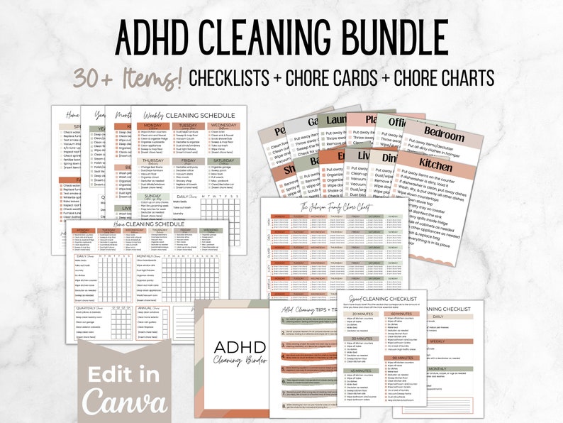 Editable ADHD Cleaning Checklist Bundle, ADHD Cleaning Planner, ADHD Chore Chart, Deep Cleaning Cards, Cleaning Schedule, Family Chore Chart image 1