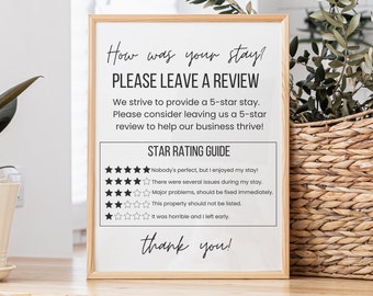 Airbnb Bewertungsschild Vorlage, bearbeitbar Hinterlassen Sie eine Bewertung, Airbnb Bewertungsanfrage, Airbnb 5-Sterne-Bewertungserklärung, Ferienunterkunftsschild