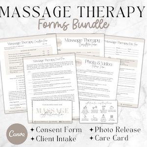 May include: A bundle of massage therapy forms, including a consent form, client intake, photo release, and care card. The forms are printed on cream-colored paper with black text. The words "Massage Therapy Forms Bundle" are at the top.